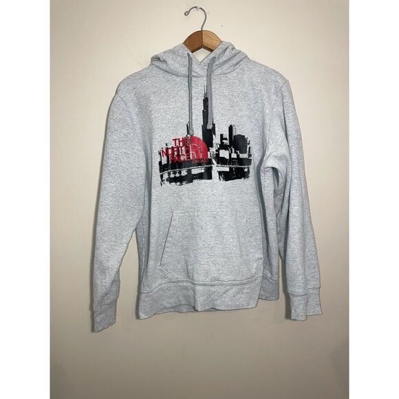 The North Face Hoodie Mens‎ Medium Chicago Skyline Sweatshirt Gray FLAW - Picture 2 of 7